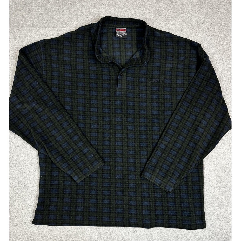 FUBU Shirt Mens XL Green Blue Plaid Fleece Long Sleeve‎ Polo Pullover Casual